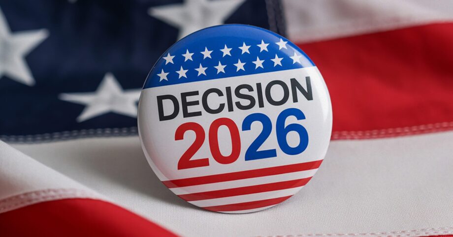 Decision 2026 button in front of a U.S. flag