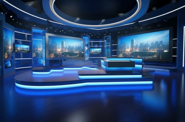 Blue-lit newsroom studio with large broadcast screens